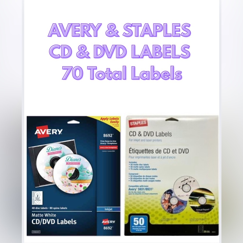 Avery & Staples CD/DVD Labels Bundle – 70 Total – New